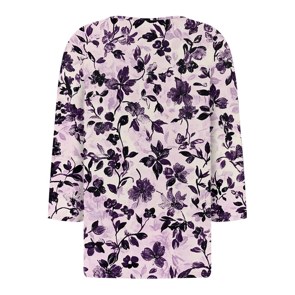 Kvinners mote Uformell T-skjorte V-hals syv ermer trykt knapp Topp