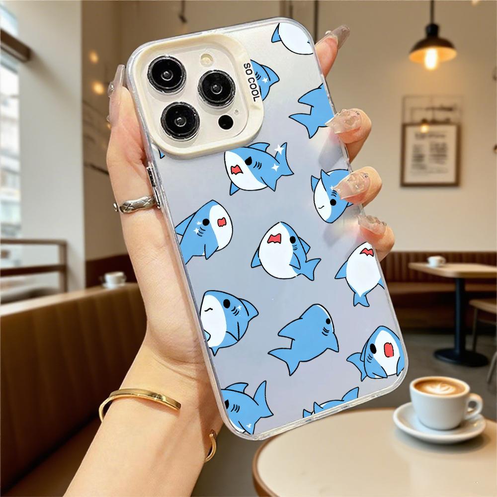 Cute Blue Cartoon Sharks Pattern Shockproof Phone Case for Iphone 16 15 14 13 12 11 Pro Max/Mini Anti-Scratch Premium Hard Cover