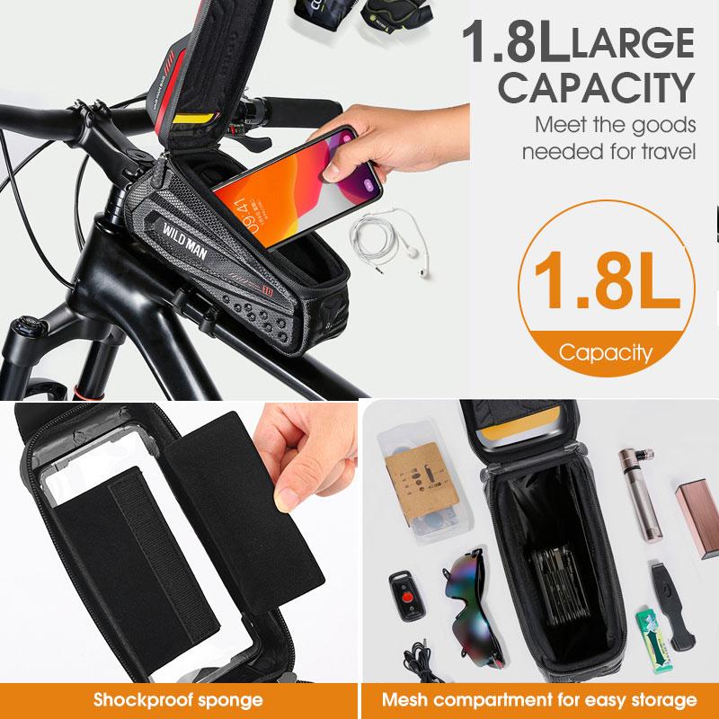 WILD MAN New Rainproof Bike Bag Bicycle Front Cell Phone Holder with Touchscreen Top Tube Cycling Reflective MTB