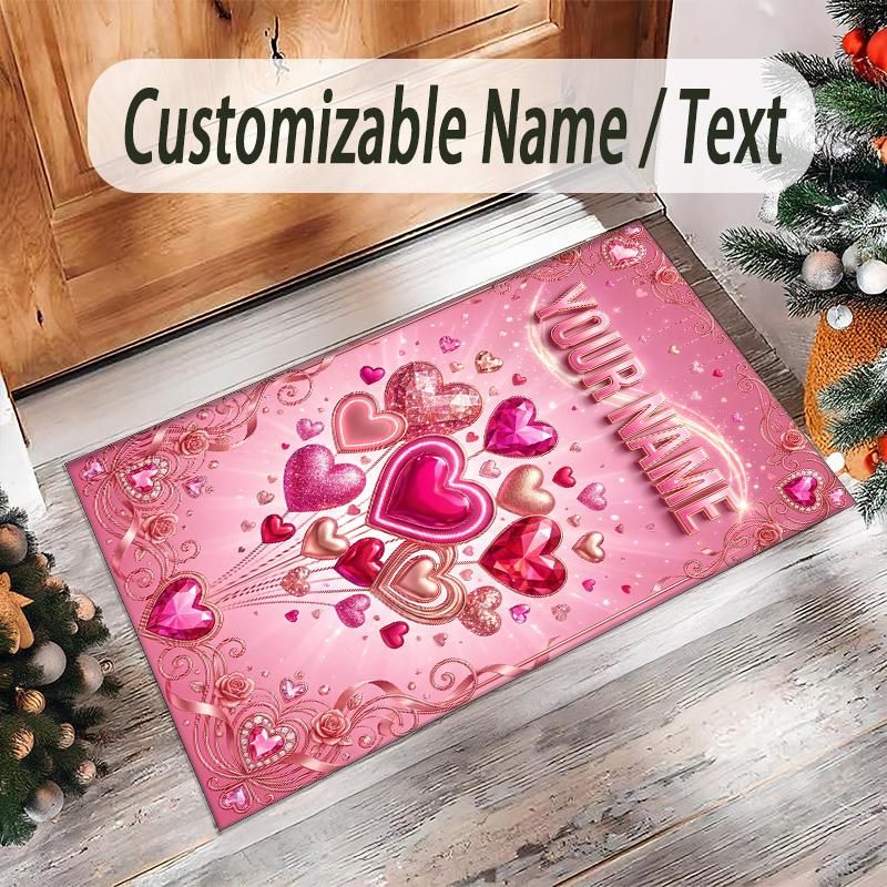 Hearts Theme Crystal Velvet Floor Rug Personalized Custom Name Text Warm Carpet Home Decoration
