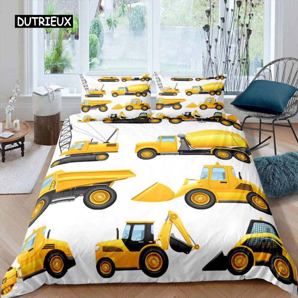 Excavator Duvet Cover Set Microfiber Tractor Truck Comforter Cover Twin Construction Vehicle Cartoon Bedding Set for Boys Teens