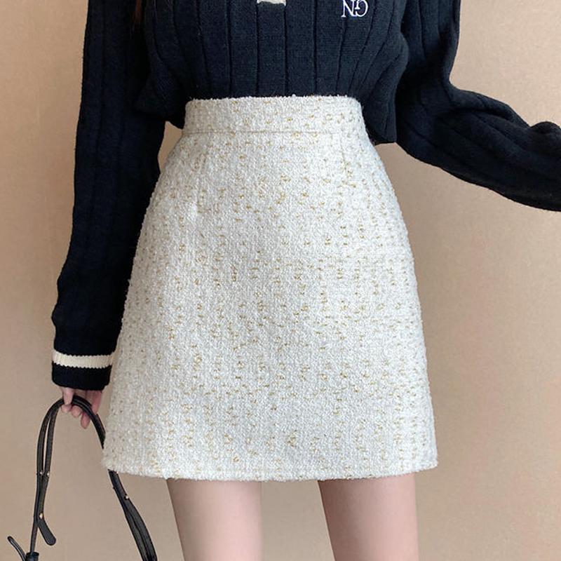 Fioletowe tweedowe spódnice damskie ołówkowe obcisłe spódnice z wysokim stanem Vintage jesienno-zimowa szczupła koreańska elegancka krótka mini spódniczka