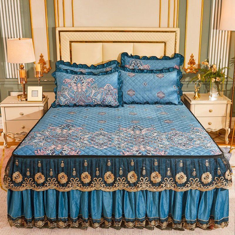 High Grade Winter Crystal Velvet Thicken Quilted Bedspread King Queen Size Flannel Quilting Bed Skirt Including Pillowcase