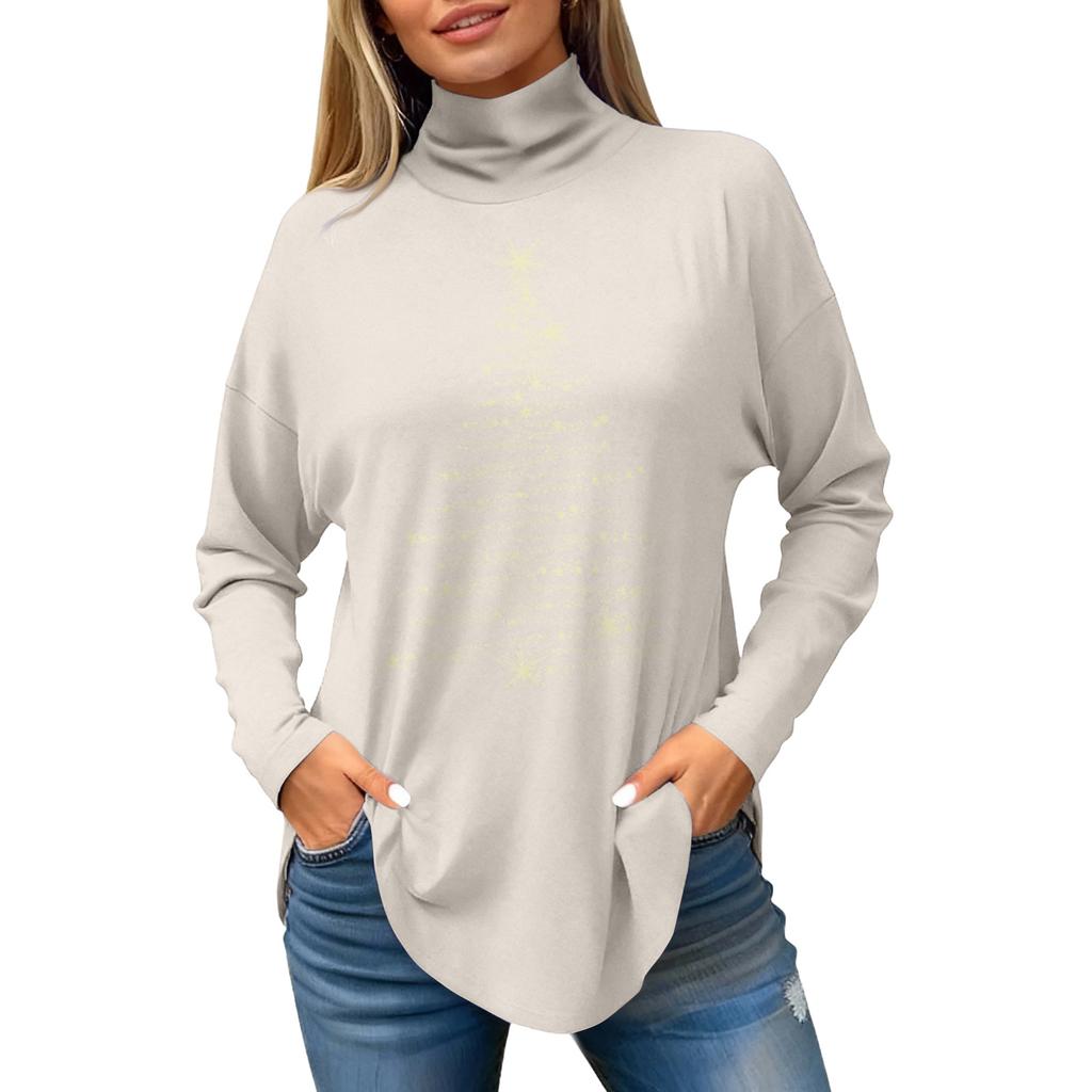 Women's Fashionable Loose-Fit High-Neck T-Shirt With Christmas Print Long-Sleeved Top