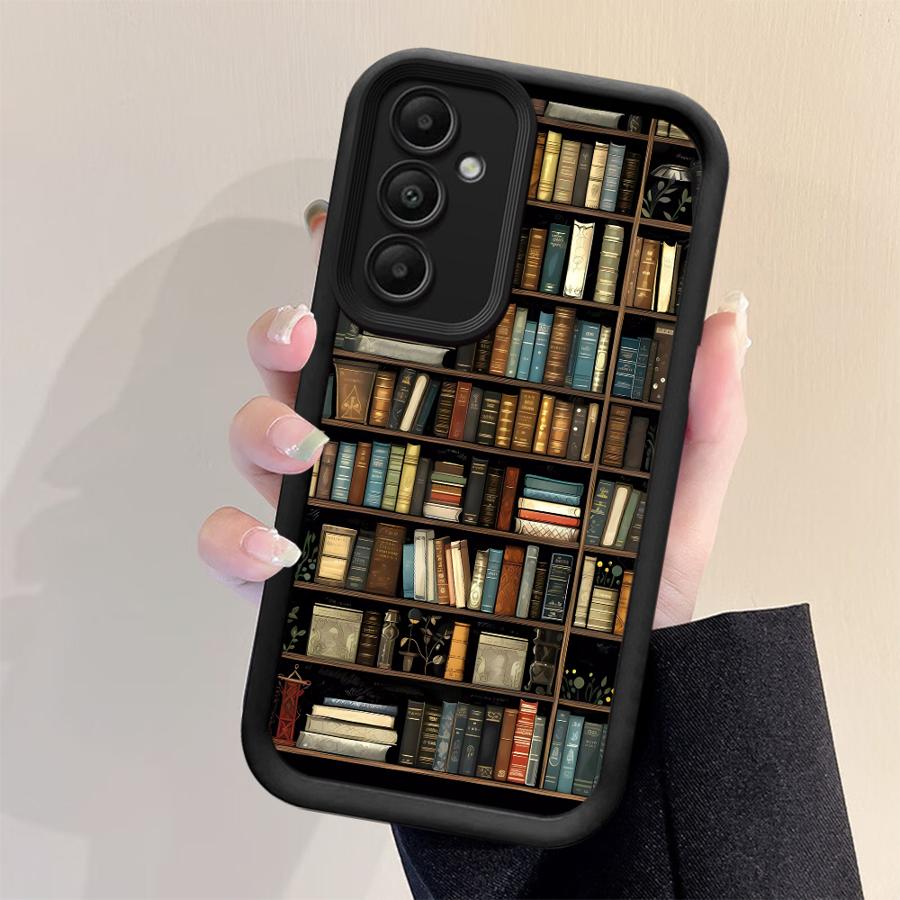 Coque de téléphone pour Samsung Galaxy A16 A34 A12 A14 A32 A23 A26 A56 A15 A51 A73 A53 A54 Coque souple Étagère à livres vintage Chaton