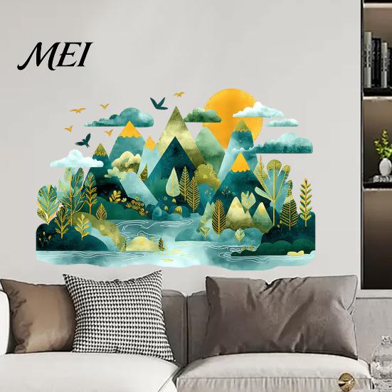 Modern Nature Wall Murals 2Pcs Watercolor Mountain Sticker, Peel And Stick Landscape Decal, PVC Waterproof Scenery Decor Mural, Removable Art
