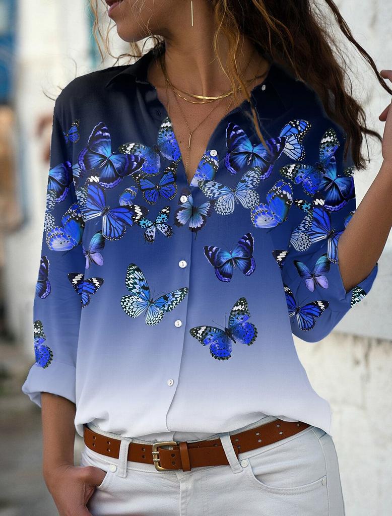 Women's Shirt Blouse Butterfly Gradient Printing Button Long Sleeve Casual Fashion Standing Collar Spring and Autumn Blouse