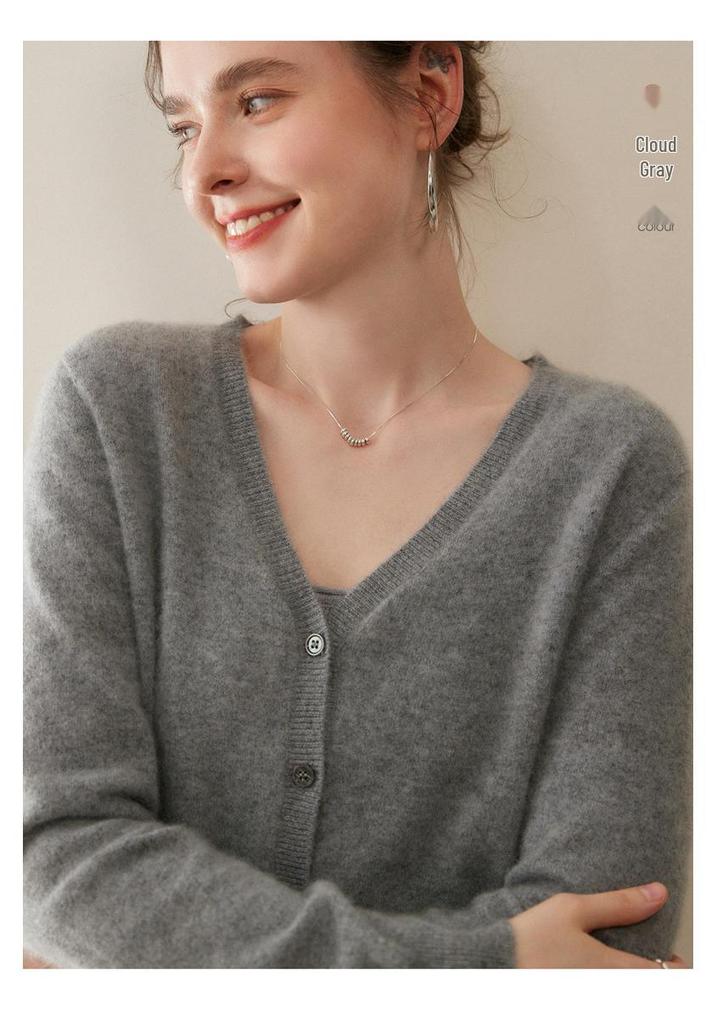 Women's V-neck Pure Cashmere Knit Cardigan - Soft & Fluffy Autumn/Winter Layer