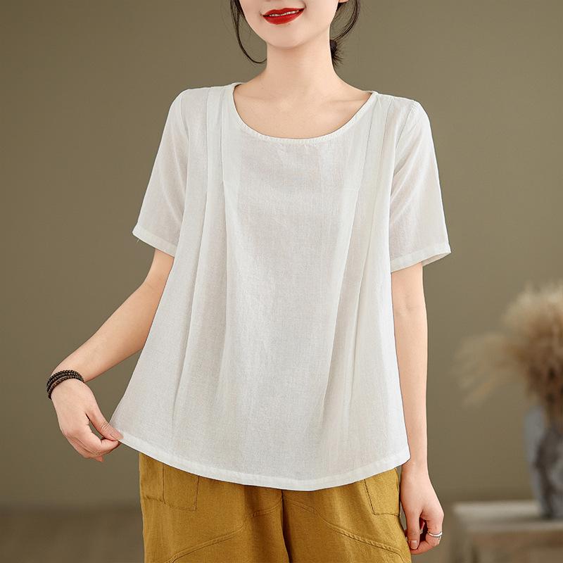 

Художественный ретро хлопок лен короткий рукав женский свободный повседневный круглый вырез топ летний однотонный универсальный льняной футболка блузки и рубашки 2XL белый