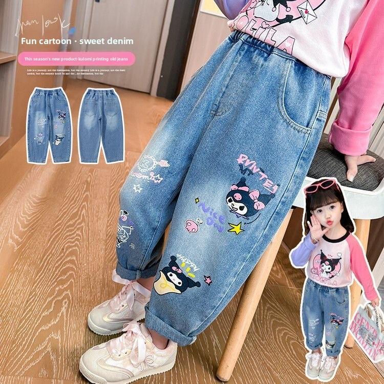 Sanrio Kuromi Fashion Jeans Girl Cute Straight Trousers Loose Comfortable Summer Print Cartoon Children New Thin Long Pants Gift