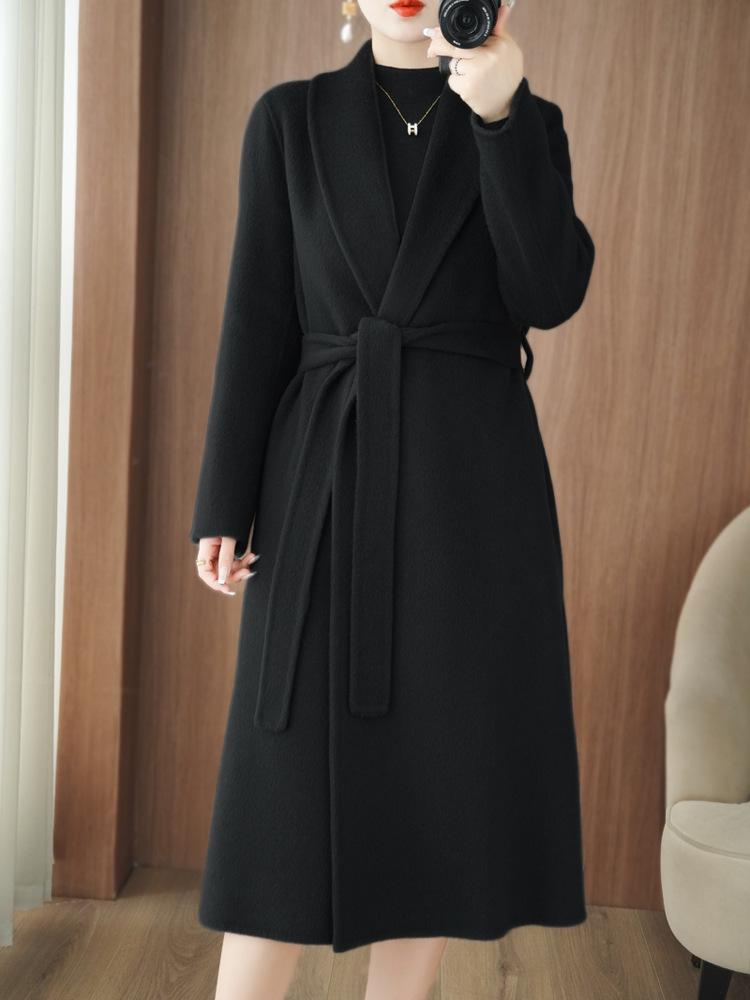 Temperament Women's Extra Long Double-Faced Wool Slim Fit Pea Coat - 100% Wool Autumn/Winter High-End Overcoat