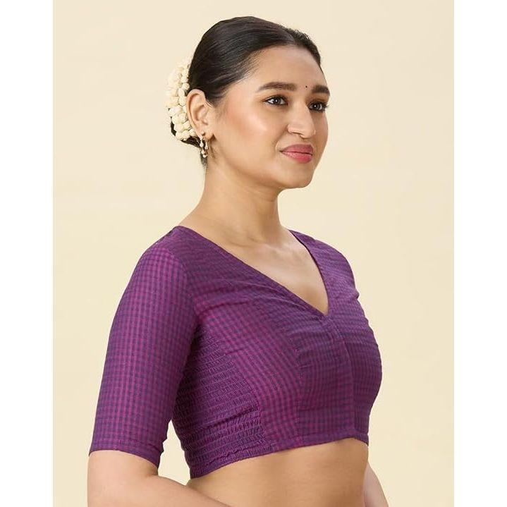 Women Cotton Half Sleeve Madras Checks Saree Blouse with Stretchable Sides