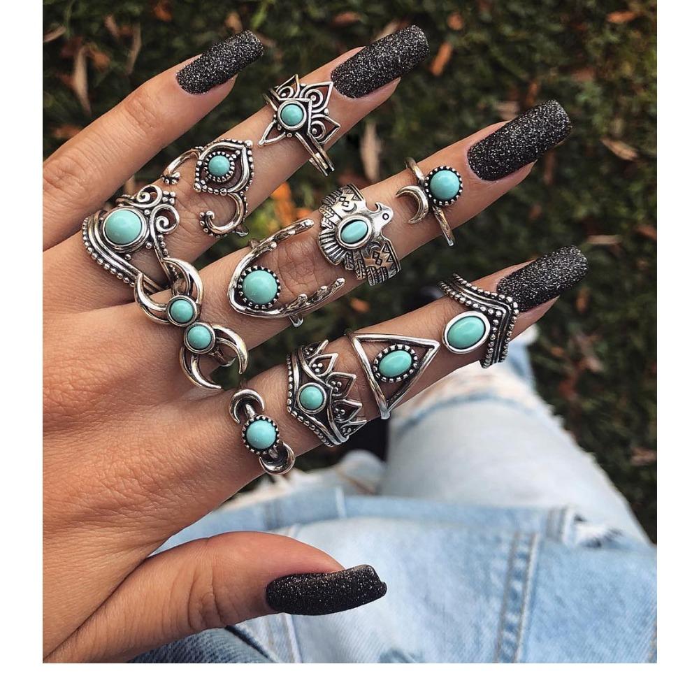 Vintage Engraved Black Gem Ring Personalized Turtle Flower Combination 16-piece Set for Women