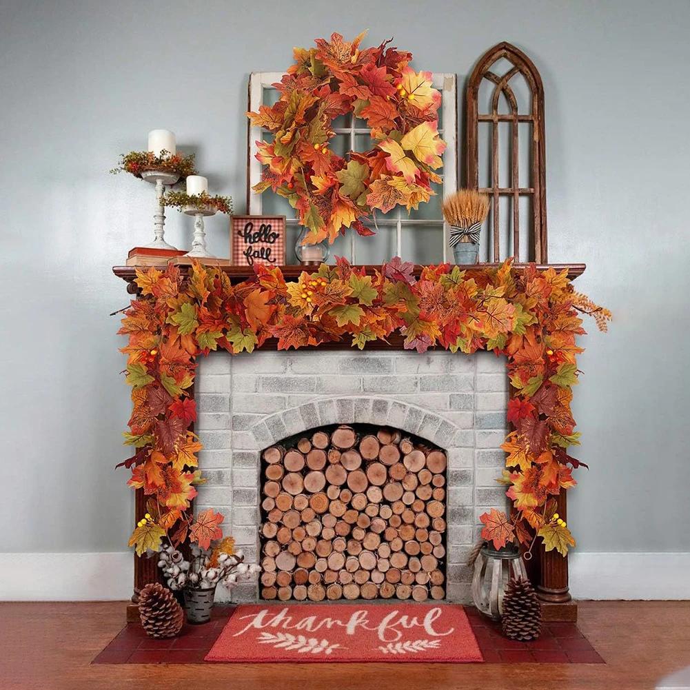 Artificial Fall Leaves Garland For Thanksgiving Halloween Festivals Wedding Decor 2 Pcs 5.7FT Fake Plants Autumn Decor Leaves