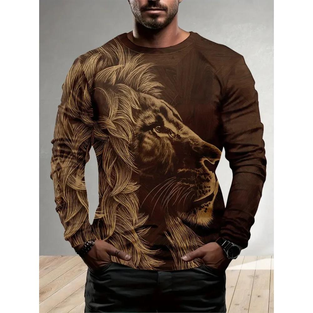 Spring and Autumn Round Neck 3D Animal Pattern Printed Top Fashionable Casual Long Sleeved Men's T-shirts