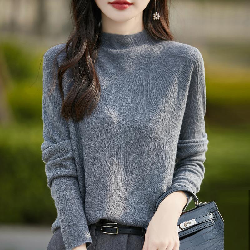 Women's Carved Jacquard High Neck Sweater: Spring/Autumn Long Sleeve Knit Top