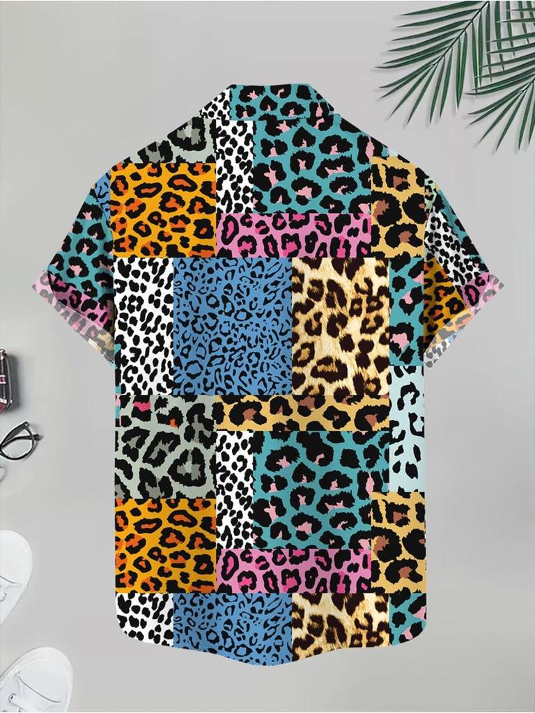 Men's Casual Short - Sleeve Shirt, Rainbow Leopard Print, Polyester Material, Mixed Color, Multiple Specifications Available, Fashionable Top for