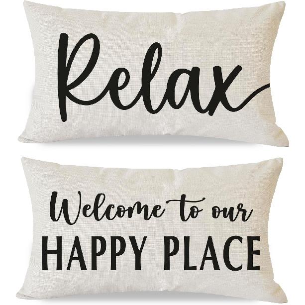 Welcome to Our Happy Place Relax Decorative Throw Pillow Covers 12x20 Inch Set of 2 Orange Outdoor Farmhouse Spring Fall Decor Lumbar Cushion Case