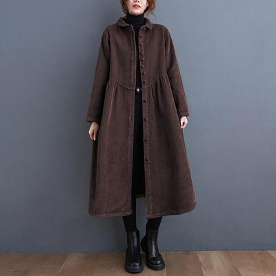 Korean Version Loose Velvet Thickened Corduroy Long-sleeved Single-breasted Trench Coat Women's Clothing 2024 Winter New