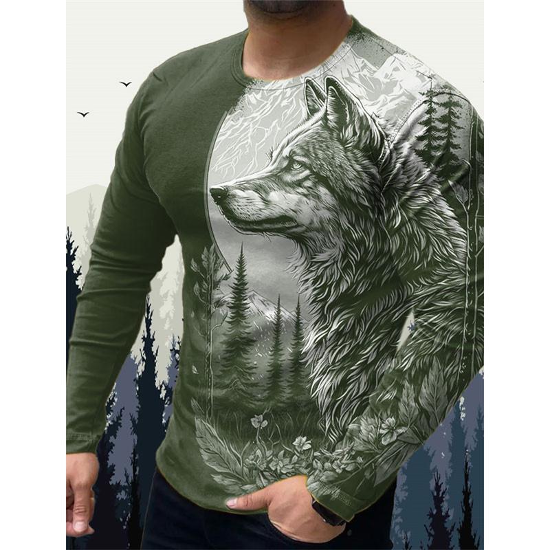3D Printed Wolf Eagle T Shirt For Men Vintage Animal Pattern Tees Spring Autumn Long Sleeves O-Neck Tops Loose Street T-Shirts