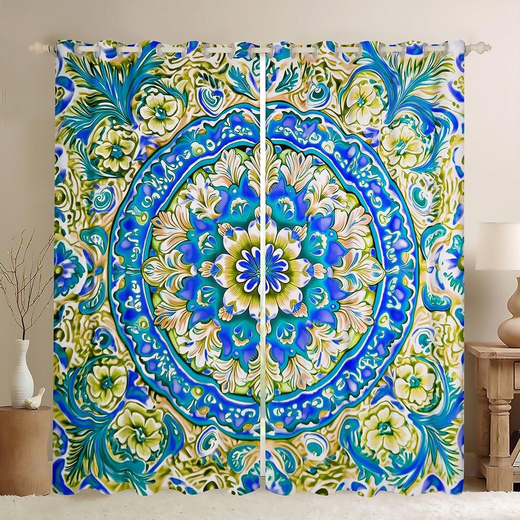 Room Darkening Mandala Curtain Vintage Tribal Exotic Floral Window Curtains Drapes Southwestern Colorful Retro Flower Bohemian Polyester Washable