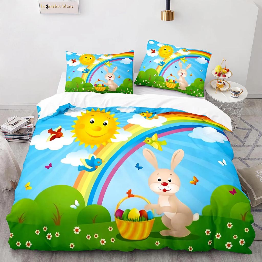 Rabbit Rainbow King Queen Duvet Cover Cartoon Animals For Children Boys Girls Easter Green Polyester Quilt Cover Bedroom Decor