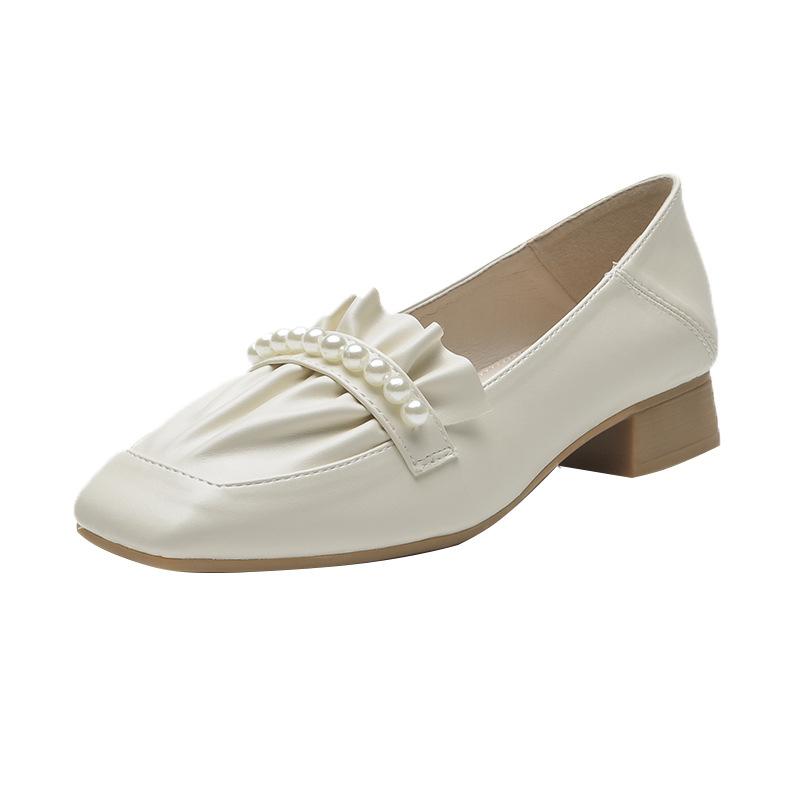 Autumn New Shallow Mouth Thick Heel Pleated Grandma Shoes Women's Pearl Soft Versatile Square Head Thick Heel Single Shoes Women