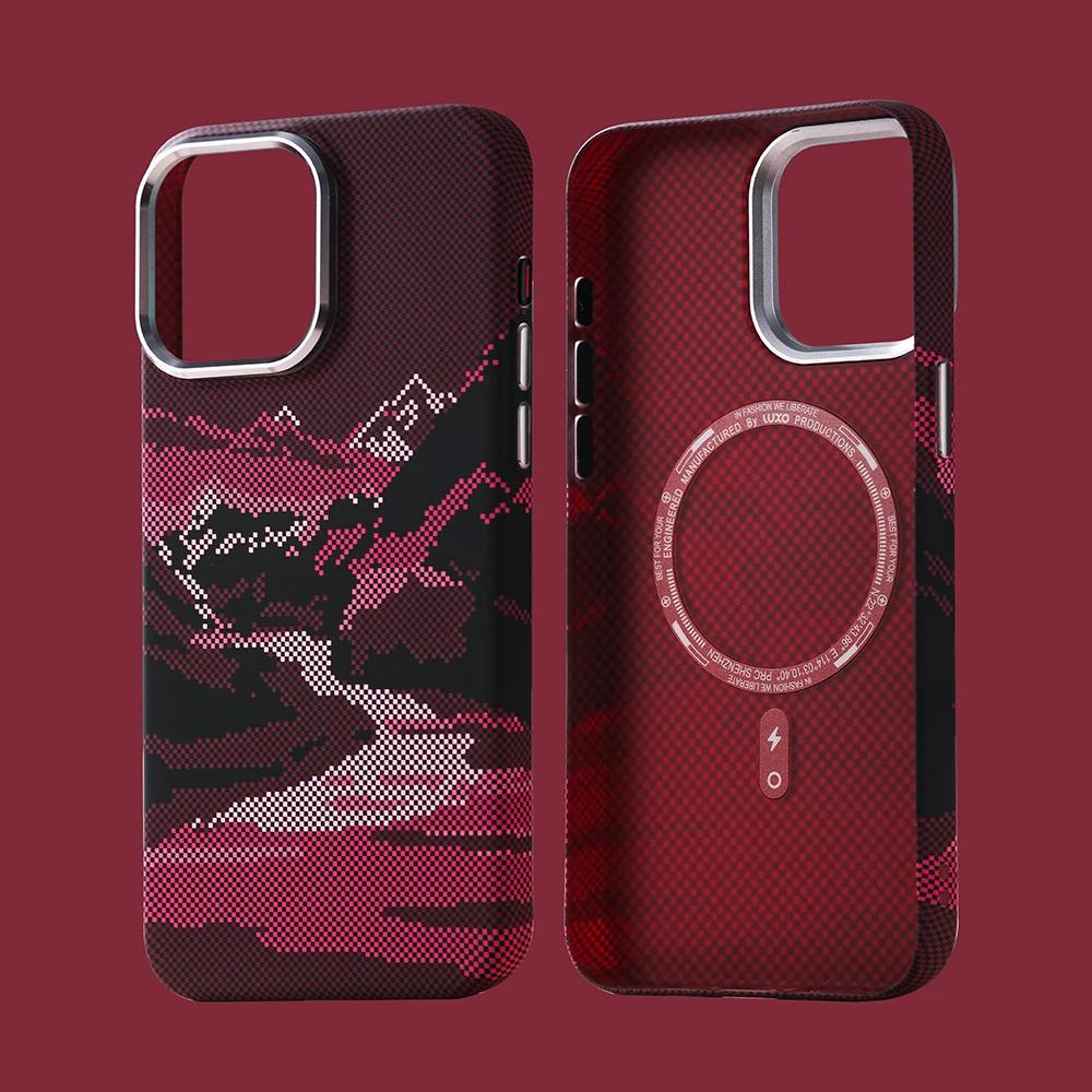 Abstract Landscape Relief for MagSafe Phone Case for iPhone 16 15 14 Pro Max 17 Wireless Charge Alloy Lens Shield Hard PC Cover