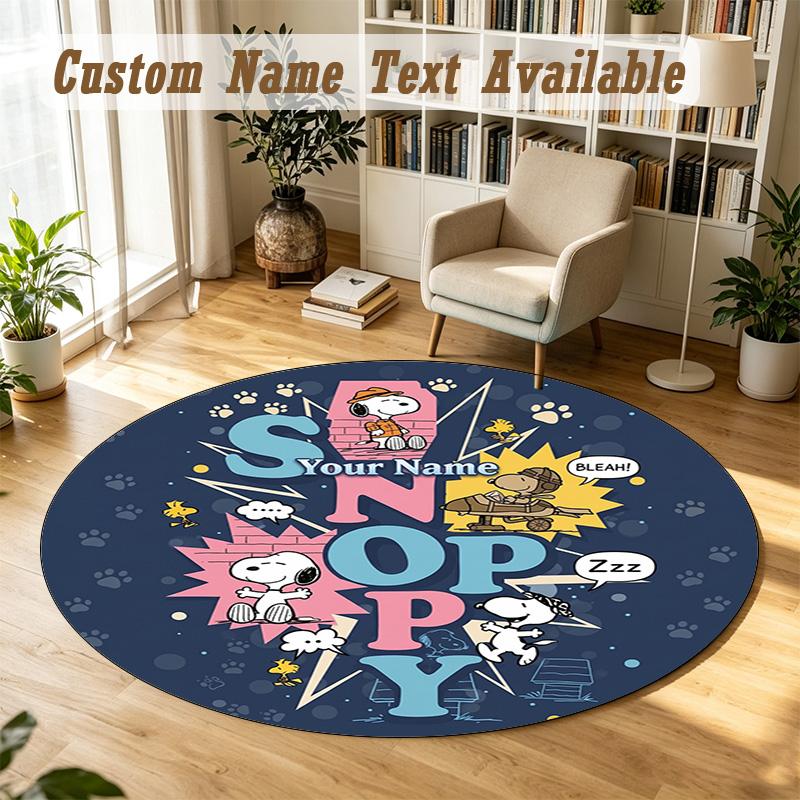 Snoopy Peanuts Personalized Round Rug Support Custom Name, Soft Home Decor Mat