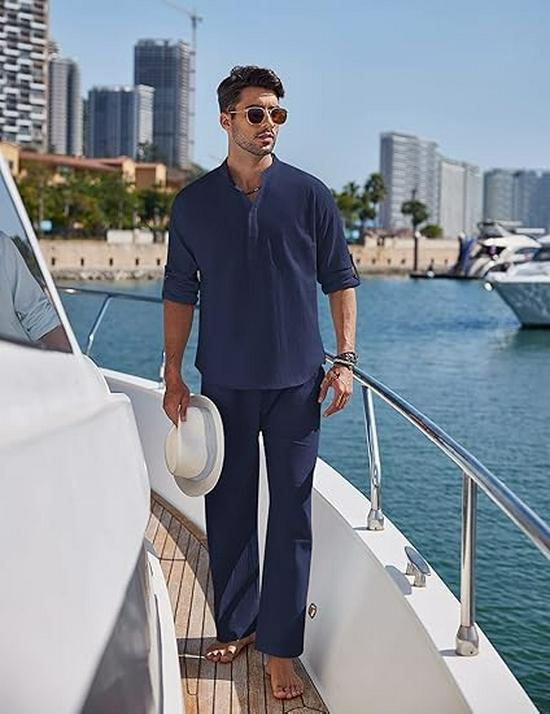 2024 Men's Solid Color Cotton Linen Henley Shirt & Long Pants Set - Autumn/Winter Casual Wear