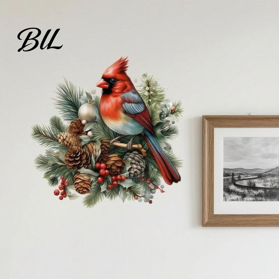 Winter Seasonal Window Ornaments Christmas Bird Wall Sticker, Decorative PVC Decal with Pine Branch Cone And Reusable Holiday Glass Clings Red Berry,