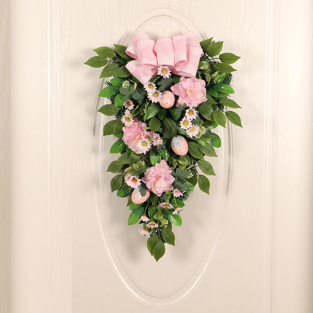

55cm Easter Faux Door Hanging Ornament With Bow Green Leaves Wreath For Indoor Outdoor Front Door Window Decor Pink Bow
