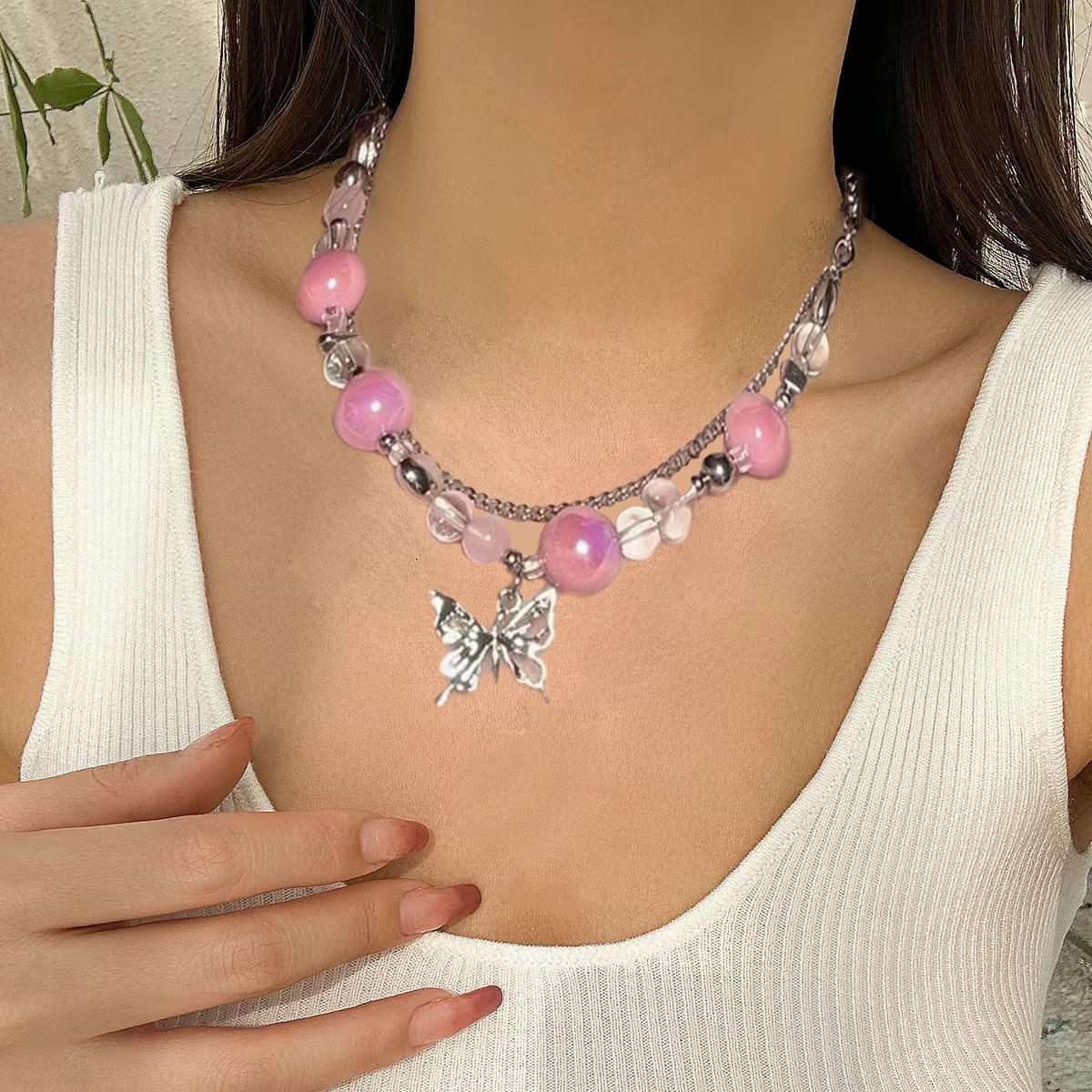 

Модное розовое ожерелье из бисера с двойной полой бабочкой, кулон, ожерелье, ювелирные изделия
