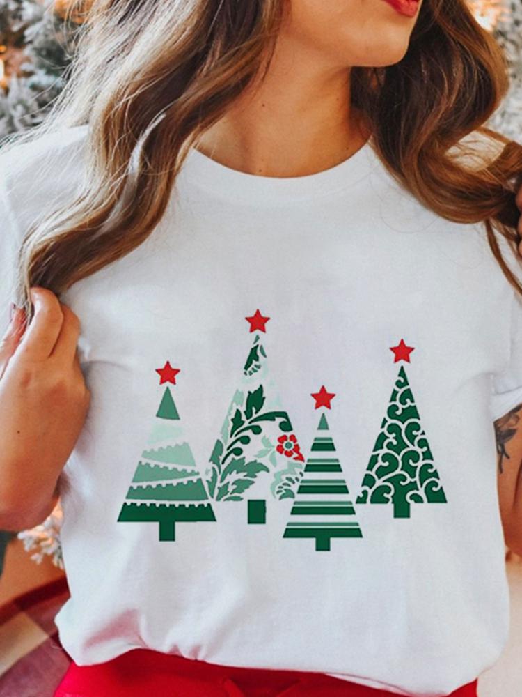 Women's Tops Christmas Short Sleeve Tees Female Summer Beach Funny Cartoon Santa Reindeer Printed T-Shirt Regular Graphic Female
