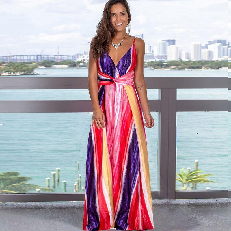 Strap Printed Beach Long Dress for Women Sling Print Beach Dress Women
