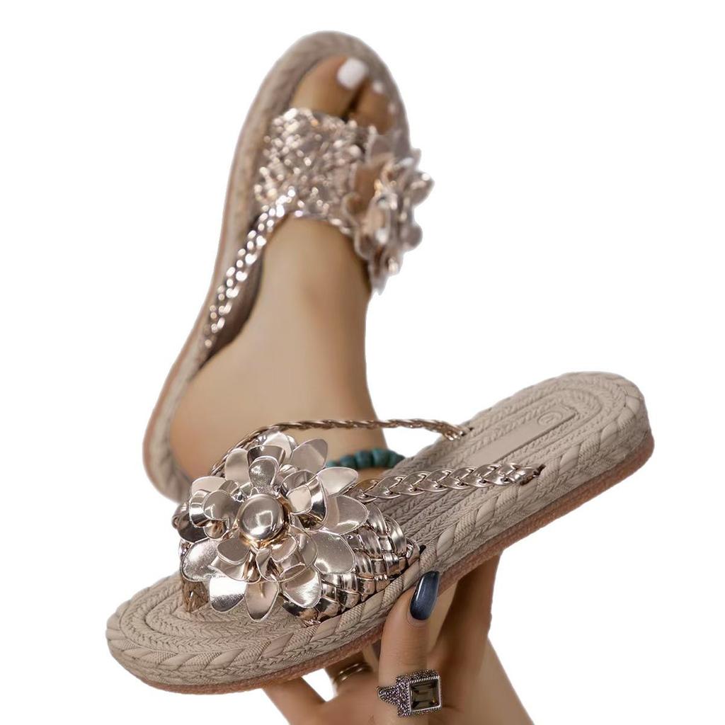 Südostasien Außenhandel große Größe bunte Blumen Zehen cool Slipper Sommer neu hohl gewebt Strand Damenschuhe