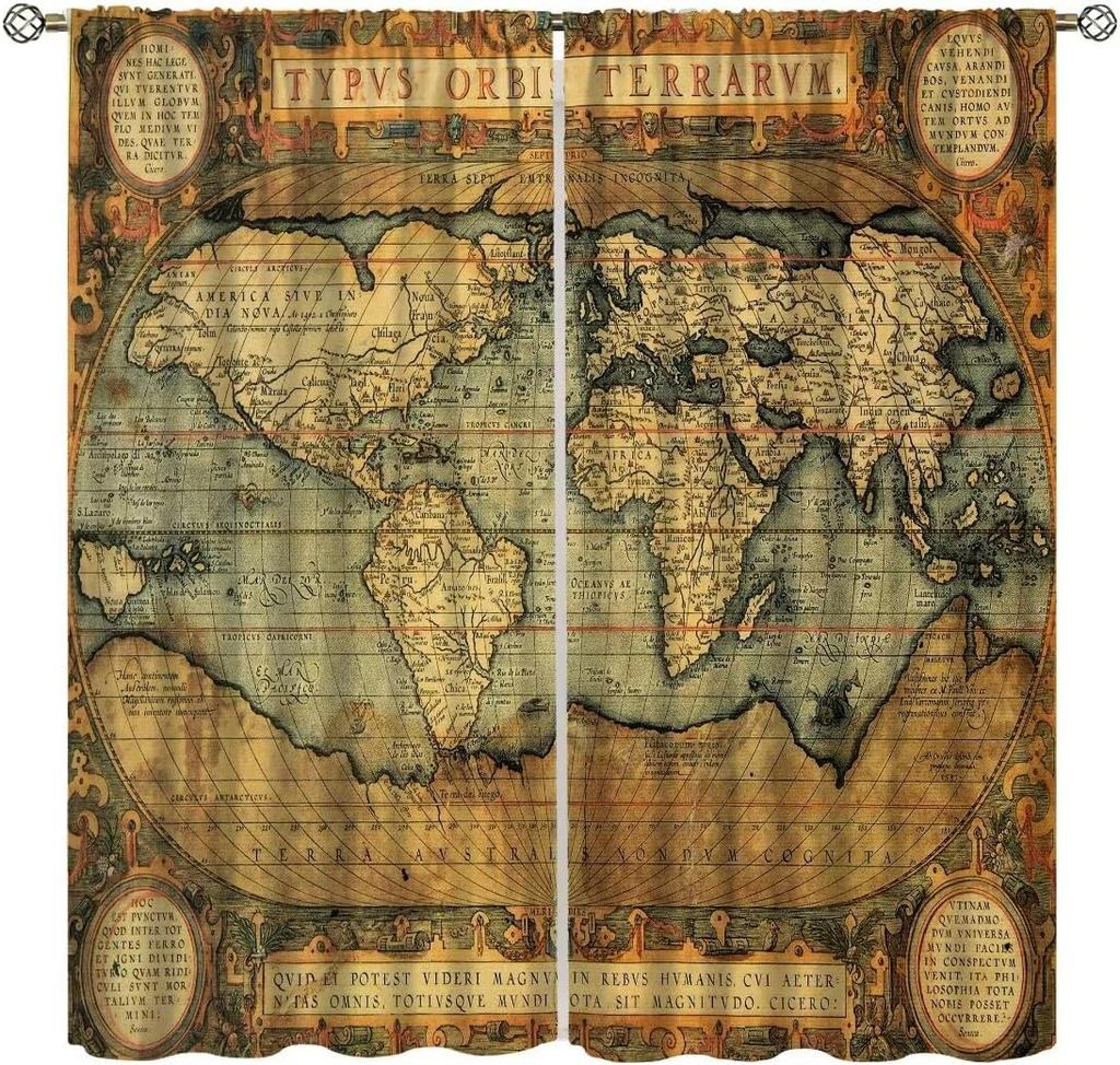 Tende con Mappa del Mondo Vintage, Tende Nostalgiche Stile Mid-Century Retrò con Stampa Mappa del Vecchio Mondo per Camera da Letto Soggiorno Cucina Caffetteria