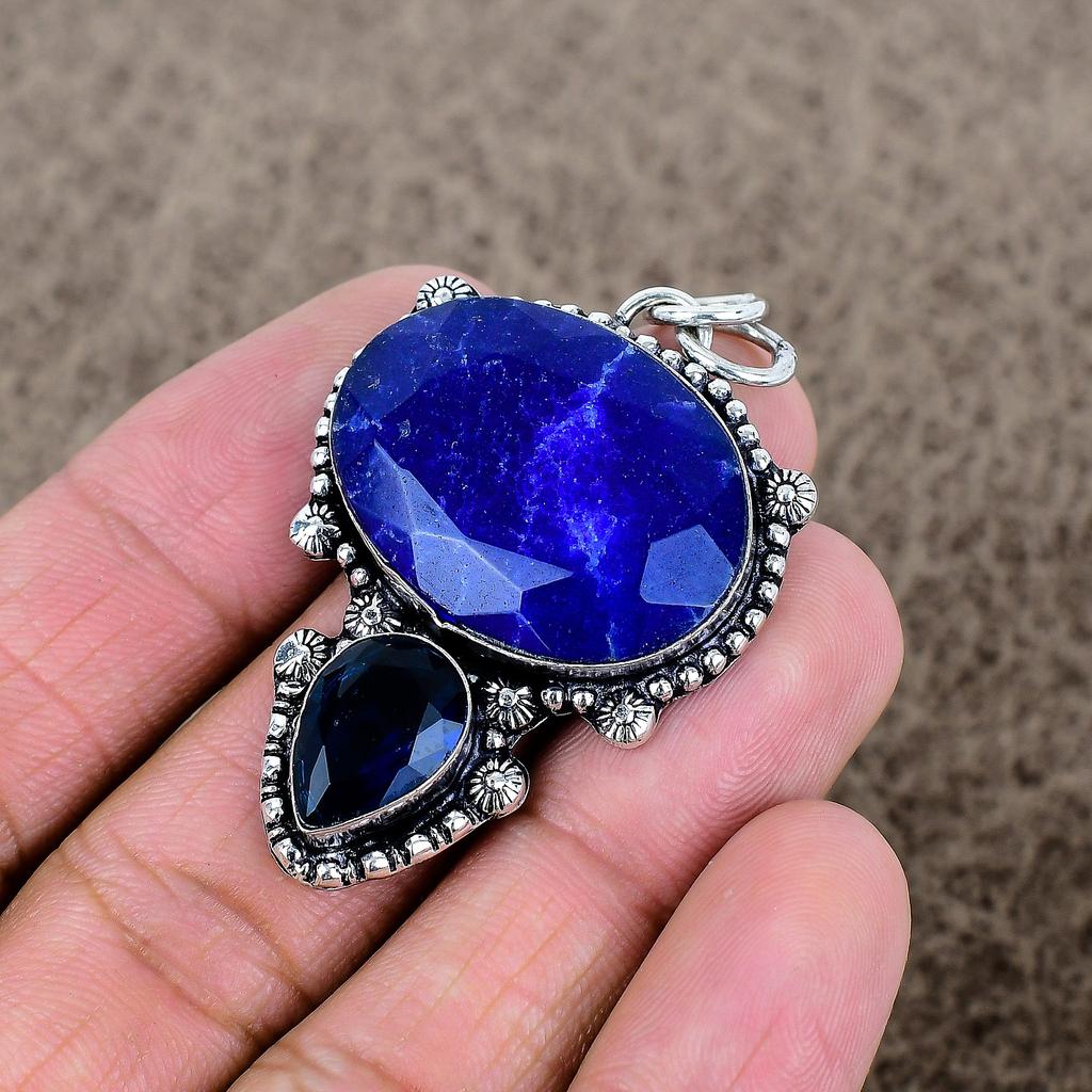 Blue Jade, Topaz Gemstone 925 Sterling Silver Jewelry Pendant 2.09" KKG-322