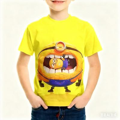 2026 New Minions Series Jersey Cartoon Pattern Outdoor Sports Apparel Casual Round Neck Short Sleeve Children's Tops