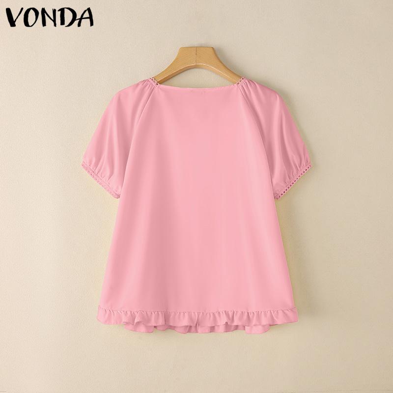 VONDA Damen Sommer Puffärmel Häkelrand Patchwork Rüschen Lässige Bluse