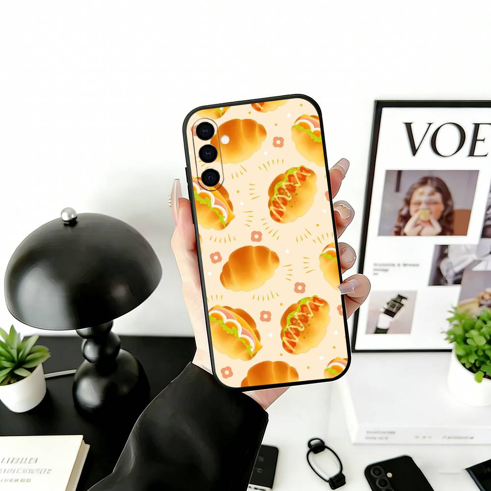 

Cute Bread Illustration Phone Case Black Silicone Soft For Samsung Galaxy A73,A72,A71,A70,A53,A52,A51 Samsung a21s