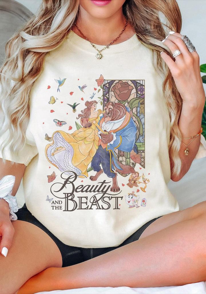 2025 New Summer Best Selling Short Sleeve Retro Beauty and The Beast Loose Breathable Tshirt Unisex Clothing