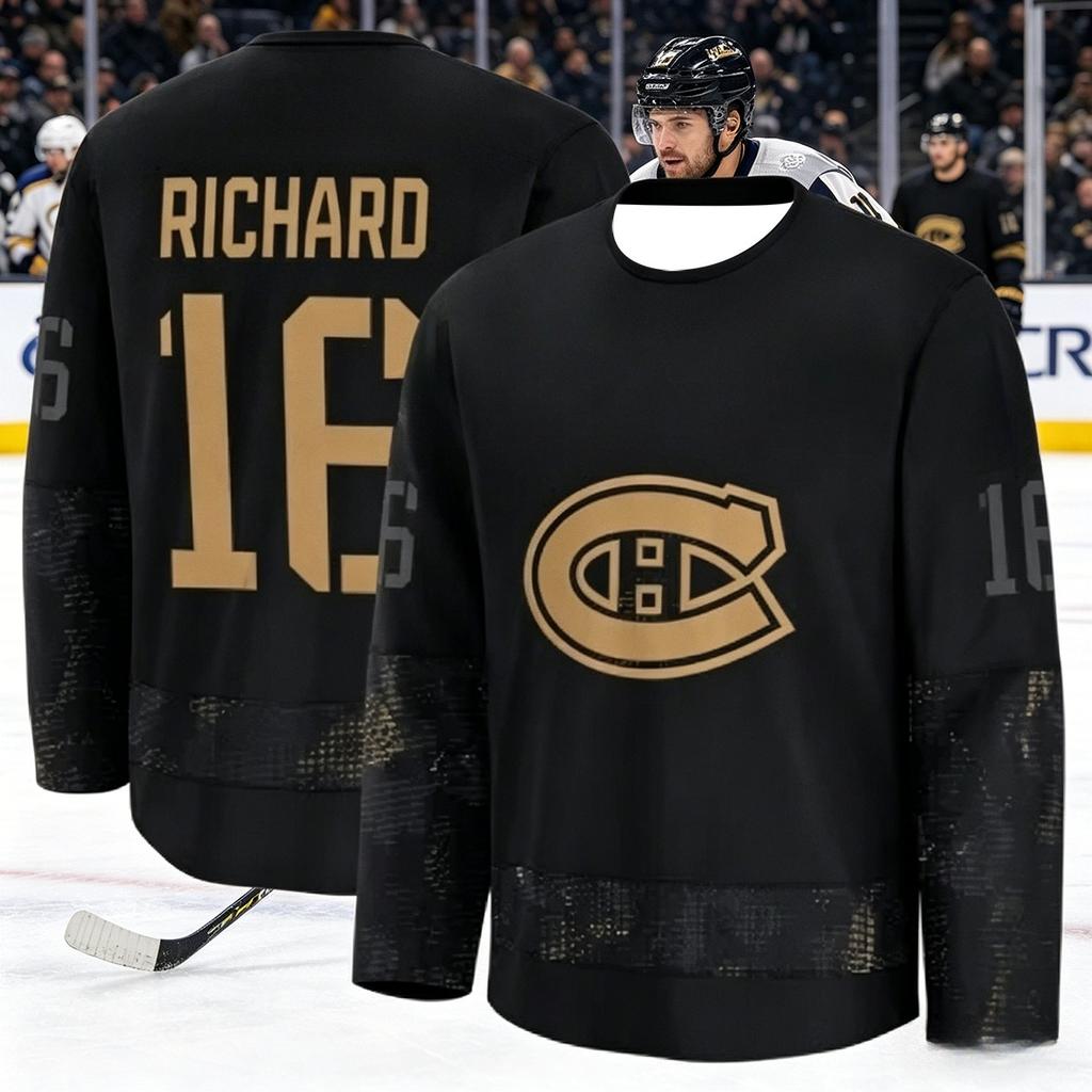 Tuta da Allenamento per Hockey su Ghiaccio Maschile Canadese - Traspirante, Asciugatura Rapida Versione Nera e Oro Manica Lunga Top Famiglia