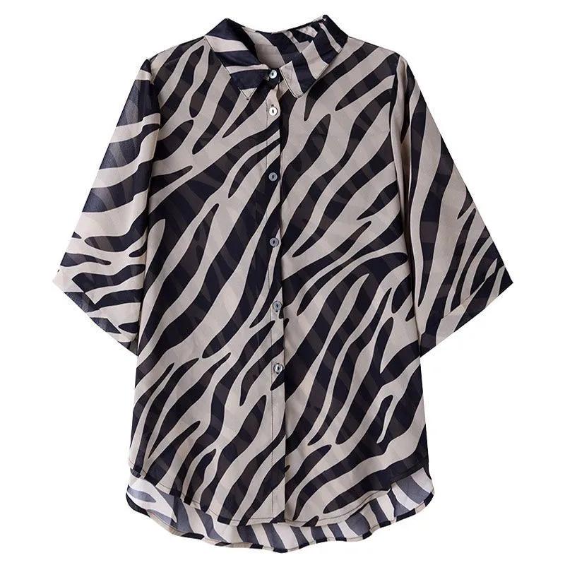 Women's Seven-minute Sleeve Striped Sunscreen Chiffon Shirt Thin Section Loose Belly-shading Blouse