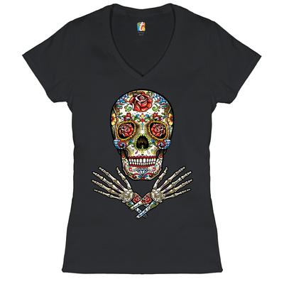 Calavera Women's V-Neck T-shirt Dia De Los Muertos Day of the Dead Tee