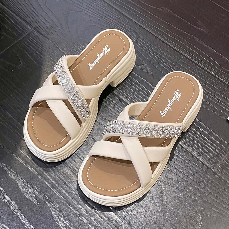 

Крутые тапочки женские летние модные для улицы новые на толстой подошве пляжные сандалии нескользящие для беременных женщин шлепанцы на один палец с высоким чувством стиля 40 бежевый