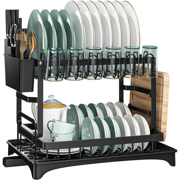 Egoutoire à vaisselle - TAVADA - Noir - 2 niveaux - Acier inoxydable - Design contemporain