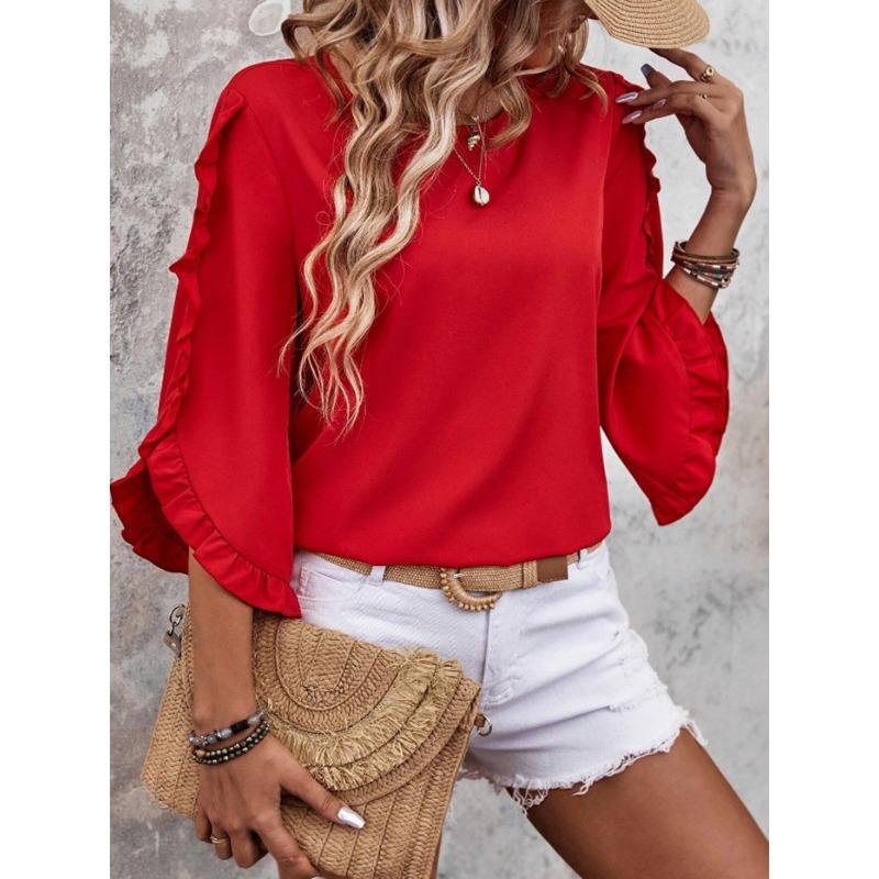 Sommer Damen Neues Rundhals Spitze Unregelmäßiges Siebenviertelärmel Oberteil