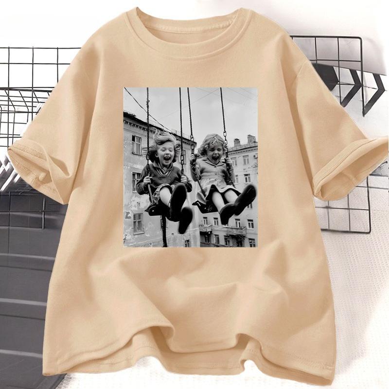 Retro T Shirt Print Women's Short Sleeve Vintage O-Neck Casual Tee T-Shirt Female Clothing Short Sleeve Tops