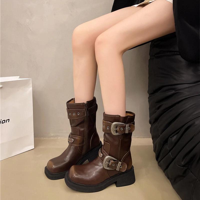 New Autumn Chunky Single Boots Women's Square Metal Belt Buckle Side Zipper Thick Sole Non-slip Mid-calf Boots